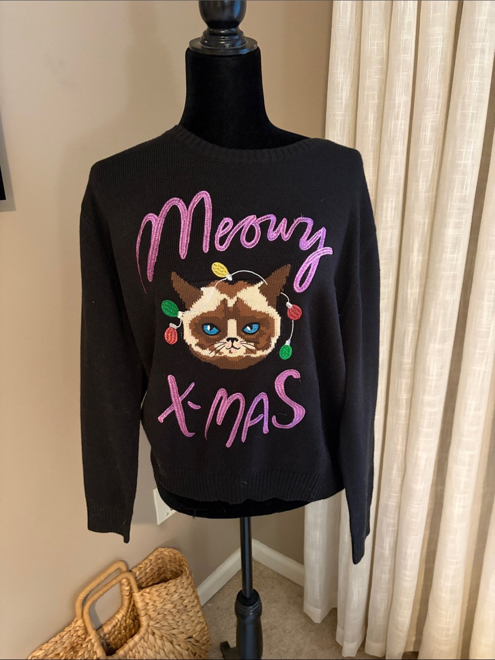 Black 'Meowy X-Mas' Cat Graphic Holiday Sweater. Never worn.
